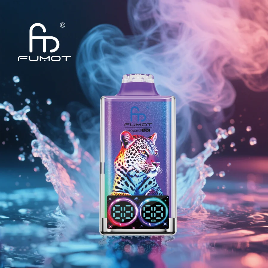RandM Fumot Leopard 40K Puffs Vape features dual mesh coils, RGB lights, digital display, 750mAh battery, Type-C charging, and 16 flavors for long-lasting, flavorful vaping.