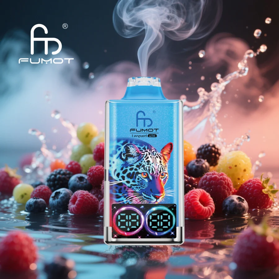 RandM Fumot Leopard 40K Puffs Vape features dual mesh coils, RGB lights, digital display, 750mAh battery, Type-C charging, and 16 flavors for long-lasting, flavorful vaping.