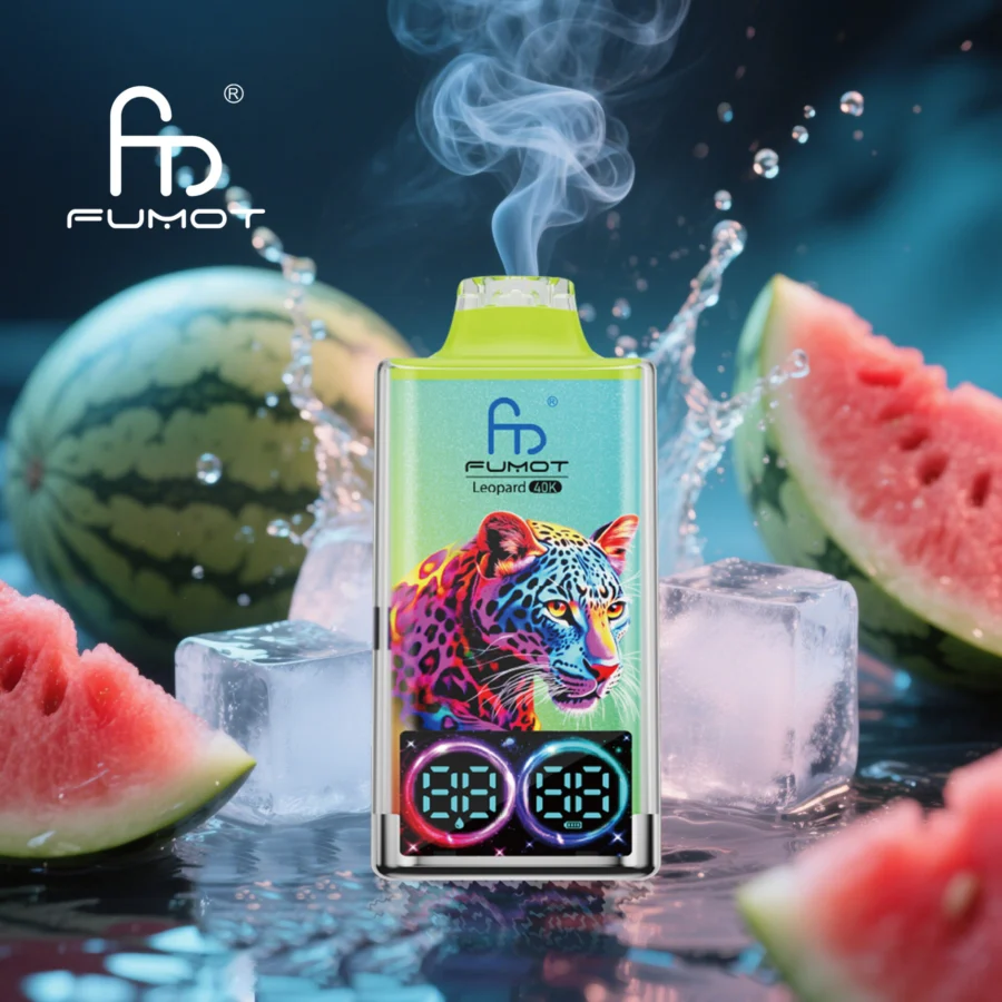 RandM Fumot Leopard 40K Puffs Vape features dual mesh coils, RGB lights, digital display, 750mAh battery, Type-C charging, and 16 flavors for long-lasting, flavorful vaping.