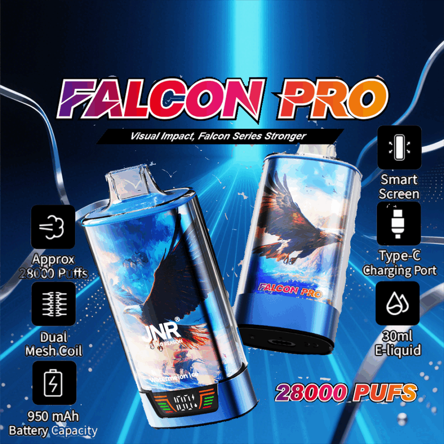 JNR FALCON PRO 28000: Long-Lasting Vaping with 28,000 Puffs, Dual Mesh Coil, and Smart Screen